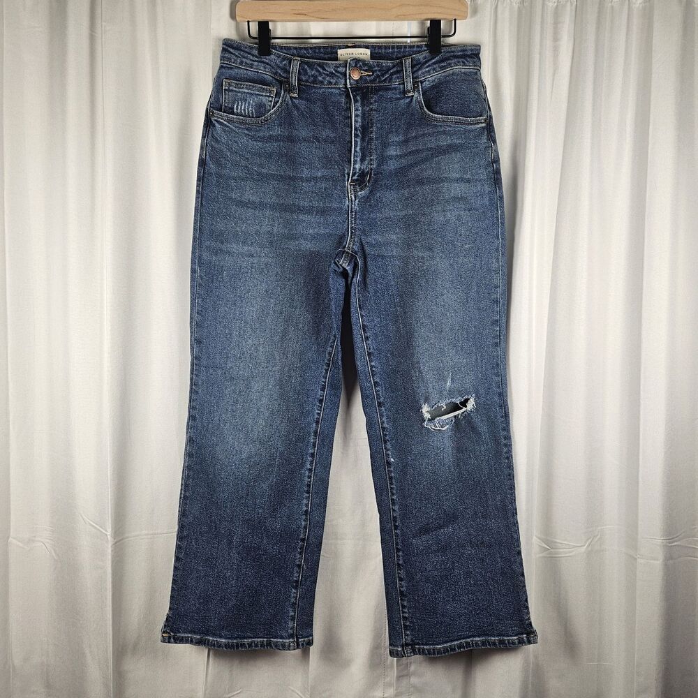 Oliver Logan Jeans Sz 31 Wide Leg Cropped Distressed Knee Medium Wash High-Rise